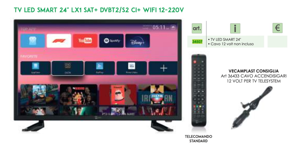 TV LED SMART 24" SMG14 SLIM-ANDROID TV DVB T2/S2 SAT+CI 12-220V