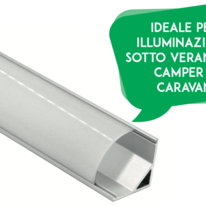 PROFILO ALLUMINIO ANGOLARE PER STRISCIA LED CON COPERTURA OPACA (2 MT) CON 4 SUPPORTI E 4 TAPPI TERMINALI INCLUSI