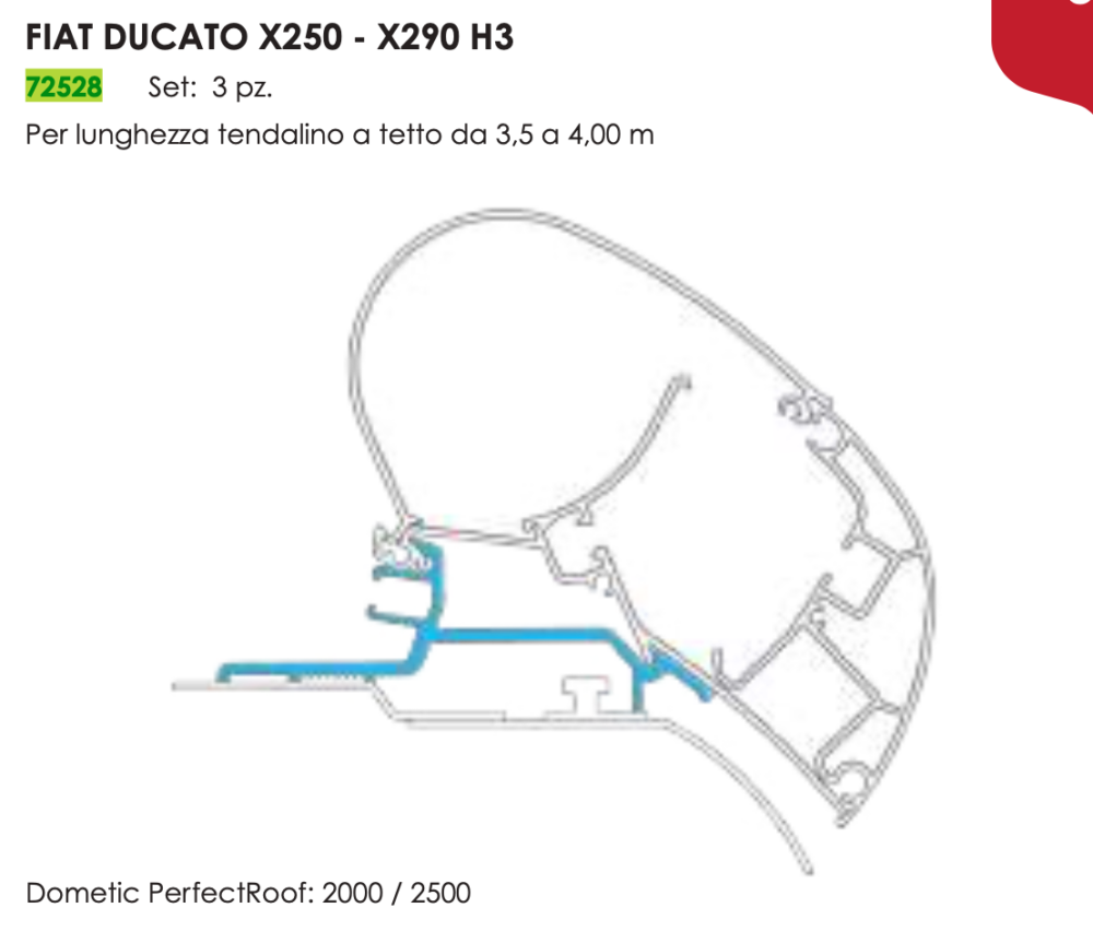 ADAPTER DUCATO X250-290/JUMPER/BOXER/MOVANO '22 TETTO H3 PER DOMETIC PR2000/2500 DA 3.25 A 4,00 MT (SET X 3 PCS)