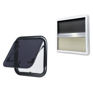 FINESTRA AM MASIS A COMPASSO 450x450 mm NERO SCURO / KIT CON OSCURANTE E ZANZARIERA