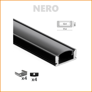 PROFILO ALLUMINIO PER STRISCIA LED BLACK CON COPERTURA OPACA (2 MT) CON 4 SUPPORTI E 4 TAPPI TERMINALI INCLUSI