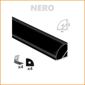 PROFILO ALLUMINIO ANGOLARE BLACK PER STR ISCIA LED CON COPERTURA OPACA (2 MT) CON 4 SUPPORTI E 4 TAPPI TERMINALI INCLUSI